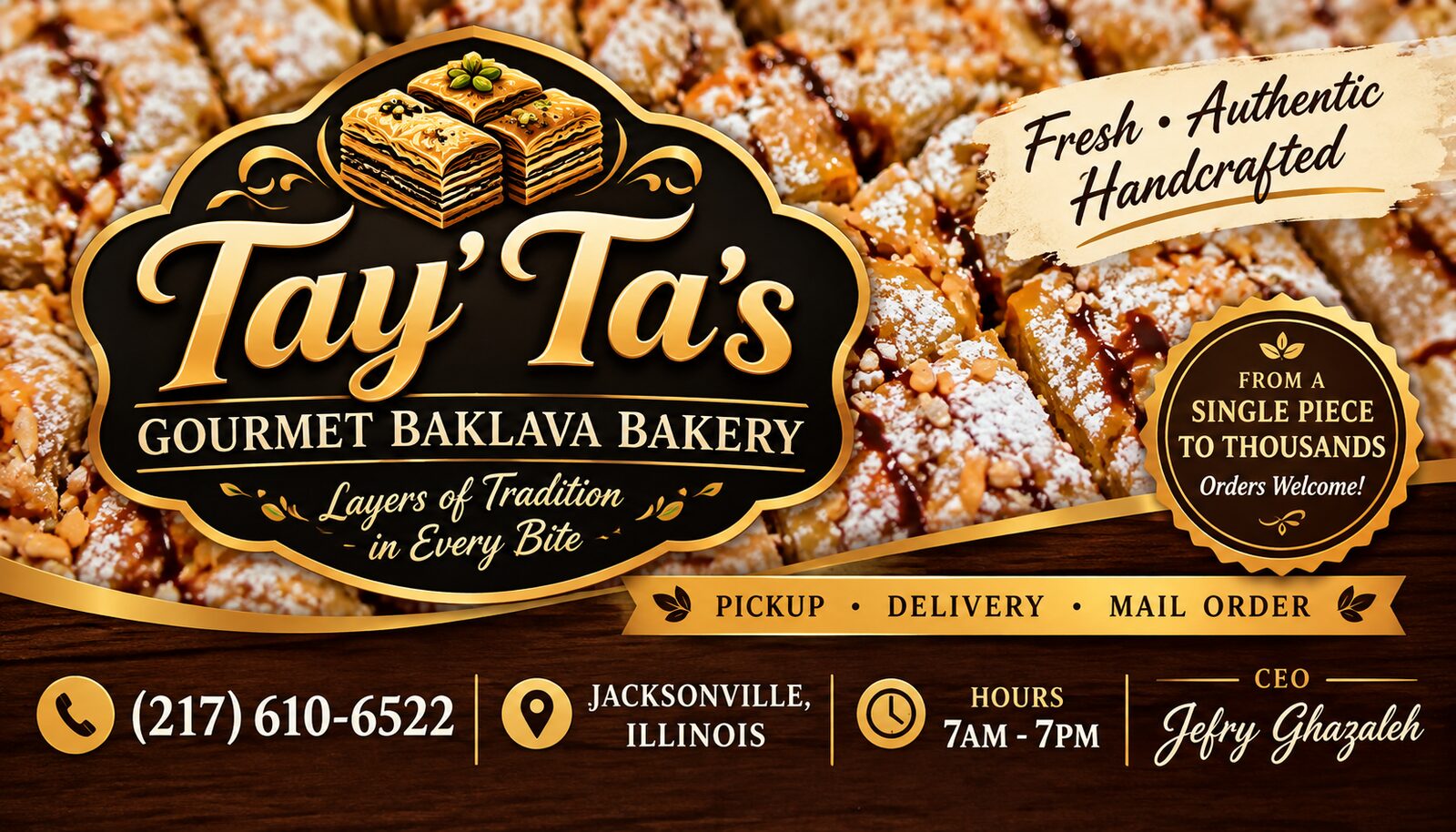Tay' Ta's Gourmet Baklava Bakery banner over rows of powdered baklava